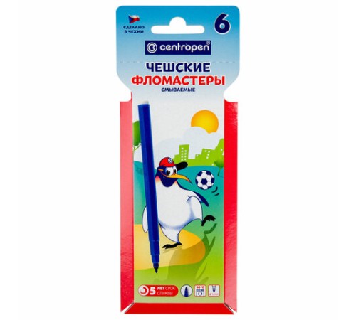 Фломастеры 6 ЦВЕТОВ CENTROPEN "Пингвины", смываемые, вентилируемый колпачок, 7790/6ET, 7 7790 0686