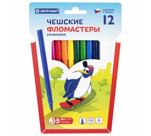 Фломастеры 12 ЦВЕТОВ CENTROPEN "Пингвины", смываемые, вентилируемый колпачок, 7790/12ET, 7 7790 1286