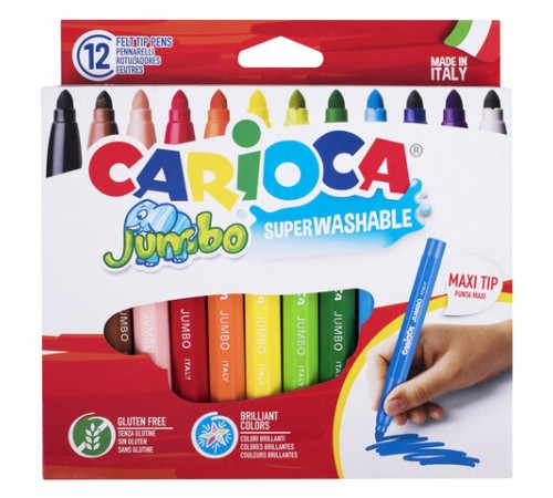Фломастеры утолщенные CARIOCA "Jumbo", 12 цветов, суперсмываемые, вентилируемый колпачок, картонная упаковка, 40569 Фломастеры утолщенные CARIOCA "Jumbo", 12 цветов, суперсмываемые, вентилируемый колпачок, картонная упаковка, 40569