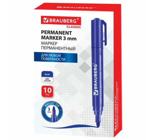 Маркер перманентный BRAUBERG "Classic", СИНИЙ, круглый наконечник, 3 мм, с клипом, 150301 Маркер перманентный BRAUBERG "Classic", СИНИЙ, круглый наконечник, 3 мм, с клипом, 150301