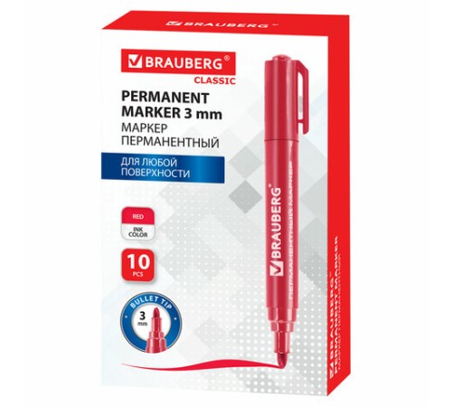 Маркер перманентный BRAUBERG "Classic", КРАСНЫЙ, круглый наконечник, 3 мм, с клипом,150302 Маркер перманентный BRAUBERG "Classic", КРАСНЫЙ, круглый наконечник, 3 мм, с клипом,150302