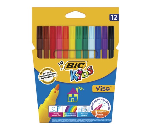 Фломастеры BIC "Kids Visa", 12 ЦВЕТОВ, суперсмываемые, вентилируемый колпачок, европодвес, 889695, 888695 Фломастеры BIC "Kids Visa", 12 ЦВЕТОВ, суперсмываемые, вентилируемый колпачок, европодвес, 889695, 888695