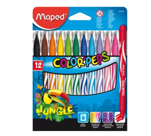 Фломастеры MAPED (Франция) "Color'Peps Jungle", 12 цветов, смываемые, вентилируемый колпачок, 845420 Фломастеры MAPED (Франция) "Color'Peps Jungle", 12 цветов, смываемые, вентилируемый колпачок, 845420