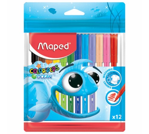 Фломастеры MAPED (Франция) "Color'Peps Ocean", 12 цветов, смываемые, вентилируемый колпачок, упаковка, европодвес, 845720 Фломастеры MAPED (Франция) "Color'Peps Ocean", 12 цветов, смываемые, вентилируемый колпачок, упаковка, европодвес, 845720