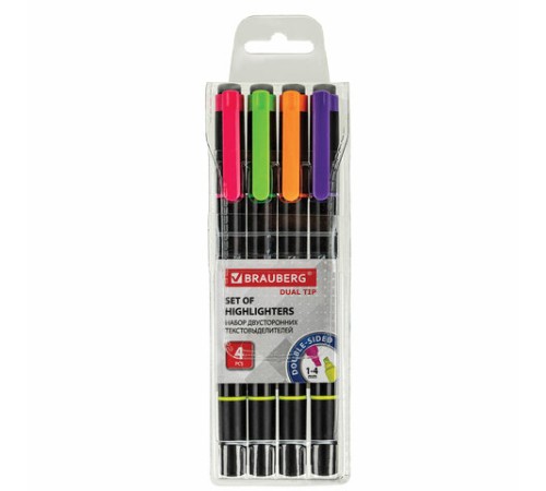 Набор текстовыделителей двусторонних BRAUBERG DUAL TIP 4 шт., АССОРТИ, линия 1-4 мм, 150845 Набор текстовыделителей двусторонних BRAUBERG DUAL TIP 4 шт., АССОРТИ, линия 1-4 мм, 150845