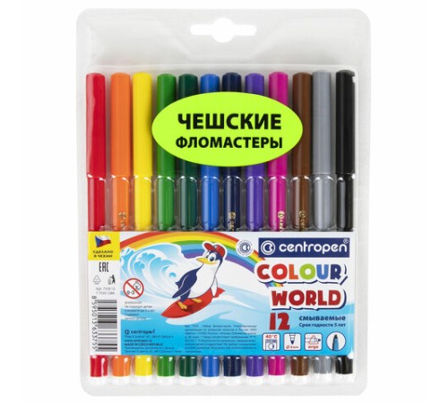 Фломастеры 12 ЦВЕТОВ CENTROPEN "Colour World", круглые, смываемые, 7550/12TP, 7 7550 1284