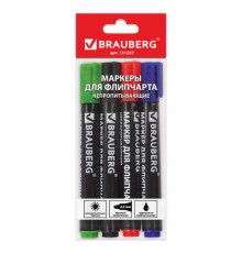 Маркеры для бумажного флипчарта BRAUBERG, НАБОР 4 ЦВЕТА, НЕПРОПИТЫВАЮЩИЕ, 2,5 мм, 151257