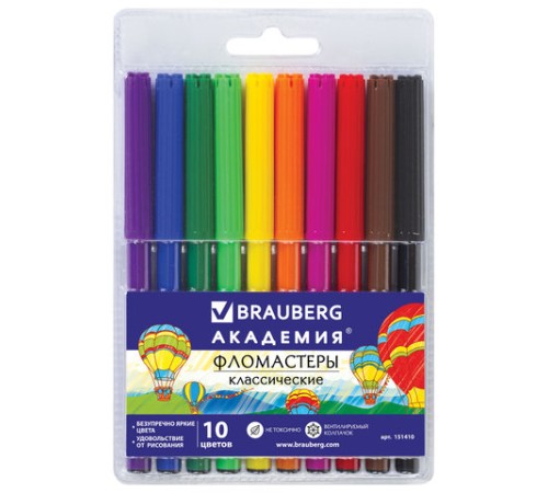 Фломастеры BRAUBERG "АКАДЕМИЯ", 10 цветов, вентилируемый колпачок, ПВХ упаковка, 151410 Фломастеры BRAUBERG "АКАДЕМИЯ", 10 цветов, вентилируемый колпачок, ПВХ упаковка, 151410