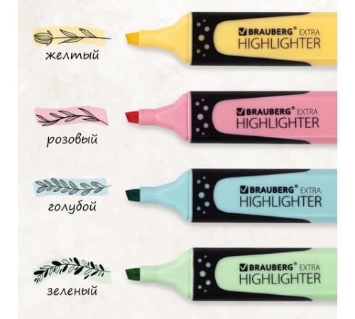Набор текстовыделителей BRAUBERG 4 шт., АССОРТИ, "EXTRA PASTEL", прорезиненный корпус, линия 1-5 мм, 151756 Набор текстовыделителей BRAUBERG 4 шт., АССОРТИ, "EXTRA PASTEL", прорезиненный корпус, линия 1-5 мм, 151756