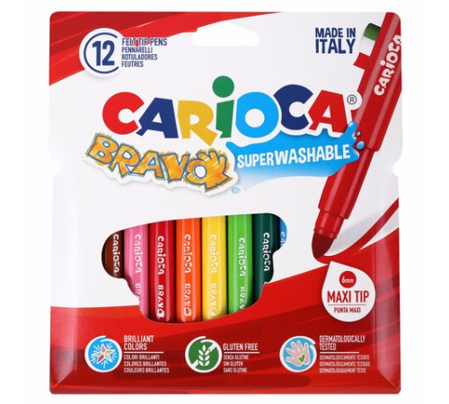 Фломастеры утолщенные CARIOCA (Италия) "Bravo", 12 цветов, суперсмываемые, 42755 Фломастеры утолщенные CARIOCA (Италия) "Bravo", 12 цветов, суперсмываемые, 42755