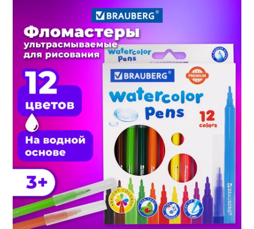 Фломастеры BRAUBERG "PREMIUM", 12 цветов, УЛЬТРАСМЫВАЕМЫЕ, классические, вентилируемый колпачок, картонная коробка с европодвесом, 151938