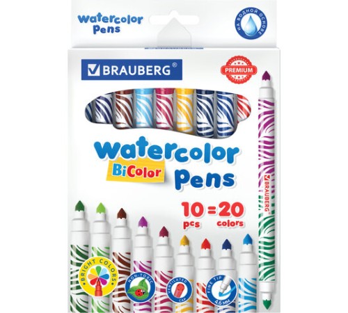 Фломастеры двусторонние утолщенные BRAUBERG "PREMIUM" "BI-COLOR", 10 шт., 20 цветов, двухцветные, вентилируемый колпачок, 151945 Фломастеры двусторонние утолщенные BRAUBERG "PREMIUM" "BI-COLOR", 10 шт., 20 цветов, двухцветные, вентилируемый колпачок, 151945