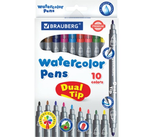 Фломастеры двусторонние BRAUBERG "PREMIUM" "DUAL-TIP", 10 шт., 10 цветов, два наконечника, картонная коробка с европодвесом, 151946 Фломастеры двусторонние BRAUBERG "PREMIUM" "DUAL-TIP", 10 шт., 10 цветов, два наконечника, картонная коробка с европодвесом, 151946