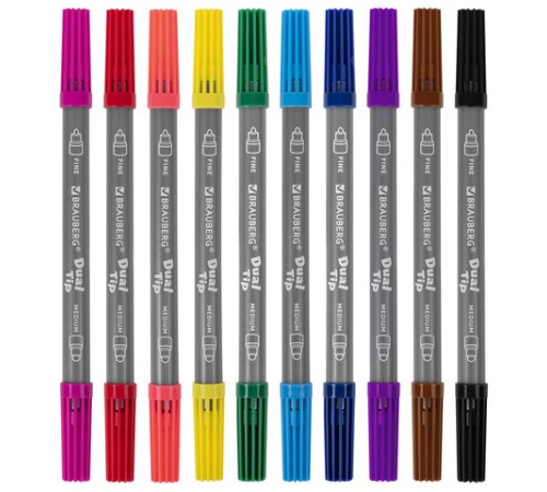 Фломастеры двусторонние BRAUBERG "PREMIUM" "DUAL-TIP", 10 шт., 10 цветов, два наконечника, картонная коробка с европодвесом, 151946 Фломастеры двусторонние BRAUBERG "PREMIUM" "DUAL-TIP", 10 шт., 10 цветов, два наконечника, картонная коробка с европодвесом, 151946