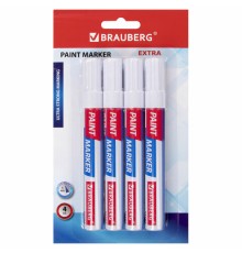 Маркер-краска лаковый EXTRA (paint marker) 4 мм, БЕЛЫЕ, НАБОР 4 шт., УСИЛЕННАЯ НИТРО-ОСНОВА, BRAUBERG, 152000
