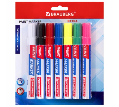 Маркер-краска лаковый EXTRA (paint marker) 4 мм, НАБОР 7 цветов, УСИЛЕННАЯ НИТРО-ОСНОВА, BRAUBERG, 152001