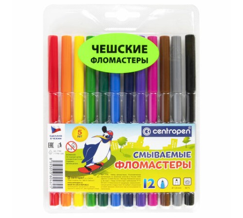 Фломастеры 12 ЦВЕТОВ CENTROPEN "Washable", смываемые, вентилируемый колпачок, 7790/12TP, 7 7790 1285