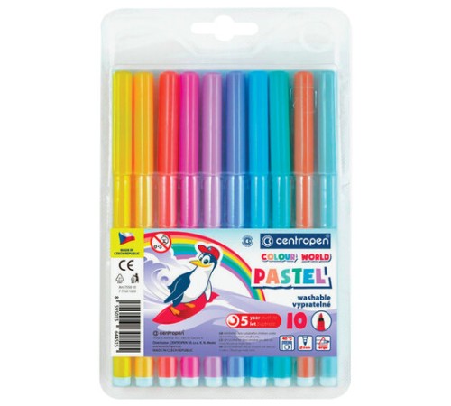 Фломастеры ПАСТЕЛЬНЫЕ 10 ЦВЕТОВ CENTROPEN "Colour World Pastel", смываемые, 7550/10TP, 7 7550 1087