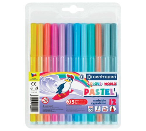 Фломастеры ПАСТЕЛЬНЫЕ 12 ЦВЕТОВ CENTROPEN "Colour World Pastel", смываемые, 7550/12TP, 7 7550 1287