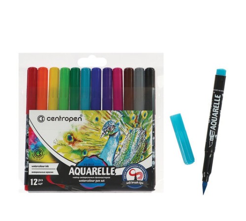 Маркеры-кисти акварельные 12 ЦВЕТОВ CENTROPEN "Aquarelle", линия письма 1-9 мм, 8683/12ET, 6 8683 1201 Маркеры-кисти акварельные 12 ЦВЕТОВ CENTROPEN "Aquarelle", линия письма 1-9 мм, 8683/12ET, 6 8683 1201