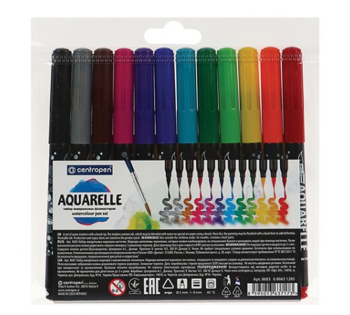 Маркеры-кисти акварельные 12 ЦВЕТОВ CENTROPEN "Aquarelle", линия письма 1-9 мм, 8683/12ET, 6 8683 1201 Маркеры-кисти акварельные 12 ЦВЕТОВ CENTROPEN "Aquarelle", линия письма 1-9 мм, 8683/12ET, 6 8683 1201