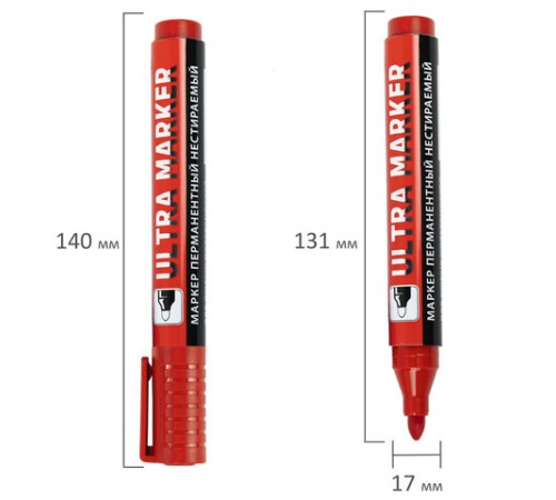 Маркер перманентный ULTRA MARKER, КРАСНЫЙ, 3,5 мм, с клипом, BRAUBERG, 152205 Маркер перманентный ULTRA MARKER, КРАСНЫЙ, 3,5 мм, с клипом, BRAUBERG, 152205