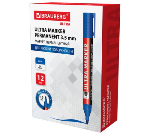 Маркер перманентный ULTRA MARKER, СИНИЙ, 3,5 мм, с клипом, BRAUBERG, 152206 Маркер перманентный ULTRA MARKER, СИНИЙ, 3,5 мм, с клипом, BRAUBERG, 152206