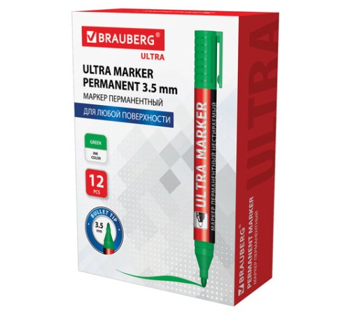 Маркер перманентный ULTRA MARKER, ЗЕЛЕНЫЙ, 3,5 мм, с клипом, BRAUBERG, 152207 Маркер перманентный ULTRA MARKER, ЗЕЛЕНЫЙ, 3,5 мм, с клипом, BRAUBERG, 152207