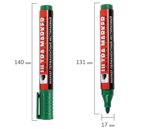 Маркер перманентный ULTRA MARKER, ЗЕЛЕНЫЙ, 3,5 мм, с клипом, BRAUBERG, 152207 Маркер перманентный ULTRA MARKER, ЗЕЛЕНЫЙ, 3,5 мм, с клипом, BRAUBERG, 152207