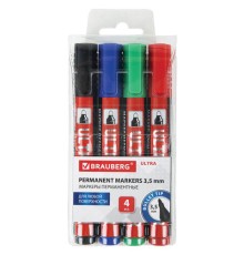 Маркеры перманентные BRAUBERG ULTRA MARKER, НАБОР 4 ЦВЕТА, круглый наконечник 3,5 мм, 152208