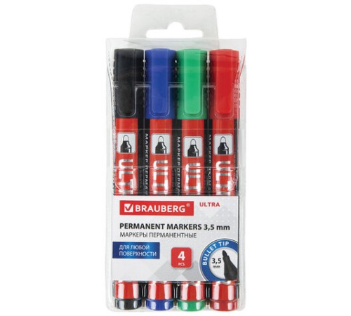 Маркеры перманентные BRAUBERG ULTRA MARKER, НАБОР 4 ЦВЕТА, круглый наконечник 3,5 мм, 152208 Маркеры перманентные BRAUBERG ULTRA MARKER, НАБОР 4 ЦВЕТА, круглый наконечник 3,5 мм, 152208