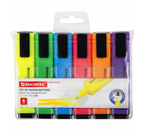 Набор текстовыделителей 6 ЦВЕТОВ, BRAUBERG "ORIGINAL NEON", линия письма 1-5 мм, 152216