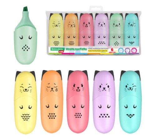 Набор текстовыделителей мини 6 ЦВЕТОВ BRAUBERG KIDS "CUTE CATS PASTEL", линия 1-5 мм, 152436 Набор текстовыделителей мини 6 ЦВЕТОВ BRAUBERG KIDS "CUTE CATS PASTEL", линия 1-5 мм, 152436