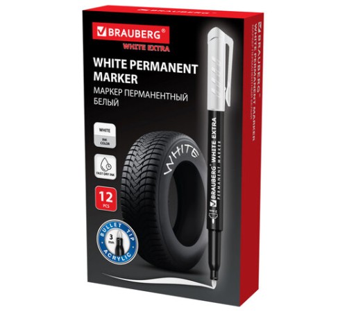 Маркер перманентный BRAUBERG WHITE EXTRA, БЕЛЫЙ, круглый наконечник 3 мм, 152488 Маркер перманентный BRAUBERG WHITE EXTRA, БЕЛЫЙ, круглый наконечник 3 мм, 152488