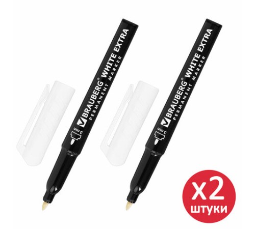 Маркеры перманентные BRAUBERG WHITE EXTRA, БЕЛЫЕ, НАБОР 2 ШТУКИ, круглый наконечник 3 мм, 152489 Маркеры перманентные BRAUBERG WHITE EXTRA, БЕЛЫЕ, НАБОР 2 ШТУКИ, круглый наконечник 3 мм, 152489