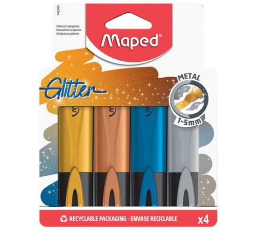 Набор текстовыделителей с блестками MAPED "FLUO PEP'S Glitter" 4 шт., АССОРТИ, линия 1-5 мм, 742000 Набор текстовыделителей с блестками MAPED "FLUO PEP'S Glitter" 4 шт., АССОРТИ, линия 1-5 мм, 742000