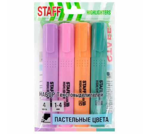 Набор текстовыделителей 4 ПАСТЕЛЬНЫХ ЦВЕТА, АССОРТИ, STAFF College "STICK PASTEL", линия письма 1-4 мм, скошенный наконечник, 152531