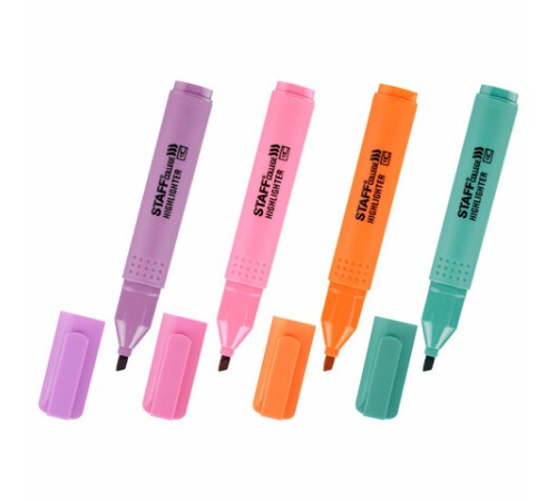 Набор текстовыделителей 4 ПАСТЕЛЬНЫХ ЦВЕТА, АССОРТИ, STAFF College "STICK PASTEL", линия письма 1-4 мм, скошенный наконечник, 152531