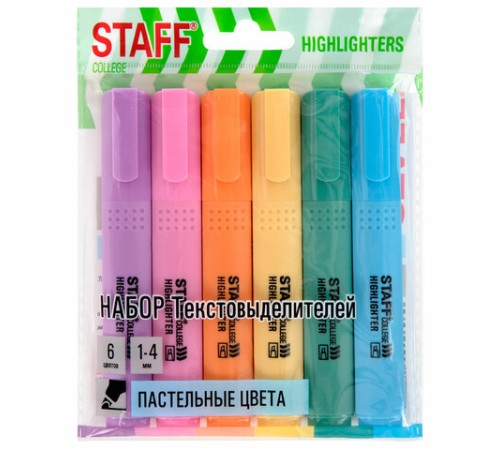 Набор текстовыделителей 6 ПАСТЕЛЬНЫХ ЦВЕТОВ, АССОРТИ, STAFF College "STICK PASTEL", линия письма 1-4 мм, скошенный наконечник, 152532 Набор текстовыделителей 6 ПАСТЕЛЬНЫХ ЦВЕТОВ, АССОРТИ, STAFF College "STICK PASTEL", линия письма 1-4 мм, скошенный наконечник, 152532