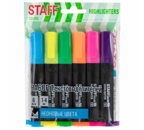 Набор текстовыделителей 6 НЕОНОВЫХ ЦВЕТОВ, АССОРТИ, STAFF College "STICK NEON", линия письма 1-4 мм, скошенный наконечник, 152534