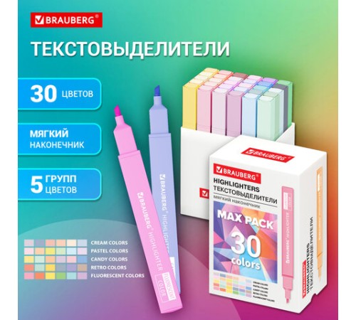 Набор текстовыделителей 30 ЦВЕТОВ BRAUBERG "SUPER MIX", линия 1-5 мм, мягкий скошенный наконечник, 152539 Набор текстовыделителей 30 ЦВЕТОВ BRAUBERG "SUPER MIX", линия 1-5 мм, мягкий скошенный наконечник, 152539