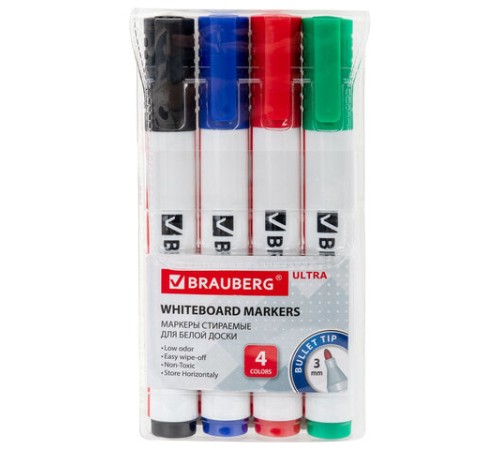 Маркеры стираемые для белой доски, НАБОР 4 ЦВЕТА, BRAUBERG "ULTRA WHITEBOARD MARKER", 3 мм, 152635
