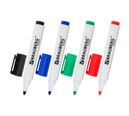 Маркеры стираемые для белой доски, НАБОР 4 ЦВЕТА, BRAUBERG "ULTRA WHITEBOARD MARKER", 3 мм, 152635