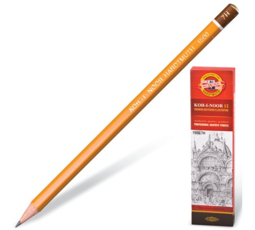 Карандаш чернографитный KOH-I-NOOR 1500, 1 шт., 7H, корпус желтый, заточенный, 150007H01170 Карандаш чернографитный KOH-I-NOOR 1500, 1 шт., 7H, корпус желтый, заточенный, 150007H01170