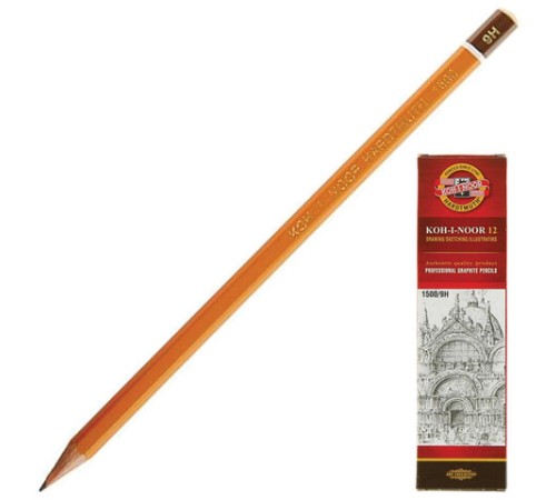Карандаш чернографитный KOH-I-NOOR 1500, 1 шт., 9H, корпус желтый, заточенный, 150009H01170 Карандаш чернографитный KOH-I-NOOR 1500, 1 шт., 9H, корпус желтый, заточенный, 150009H01170