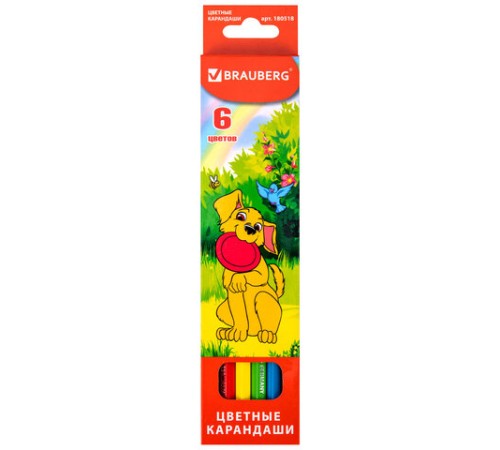 Карандаши цветные BRAUBERG "My lovely dogs", 6 цветов, шестигранные, грифель 3 мм, натуральное дерево, 180518 Карандаши цветные BRAUBERG "My lovely dogs", 6 цветов, шестигранные, грифель 3 мм, натуральное дерево, 180518
