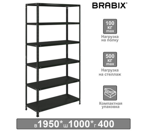 Стеллаж металлический BRABIX "ГРАФИТ MS KD-195/40-6", лофт, 1950х1000х400 мм, 6 полок, 291272, S240BR244693 Стеллаж металлический BRABIX "ГРАФИТ MS KD-195/40-6", лофт, 1950х1000х400 мм, 6 полок, 291272, S240BR244693