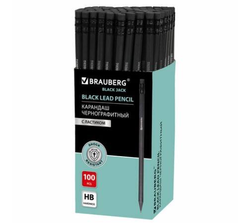 Карандаш чернографитный BRAUBERG, 1 шт., "Black Jack", НВ, с ластиком, черное дерево, корпус черный, 180609