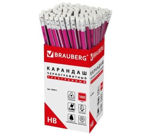 Карандаш чернографитный BRAUBERG, 1 шт., "Alderida", НВ, трехгранный, с ластиком, корпус розовый, заточенный, 180611 Карандаш чернографитный BRAUBERG, 1 шт., "Alderida", НВ, трехгранный, с ластиком, корпус розовый, заточенный, 180611