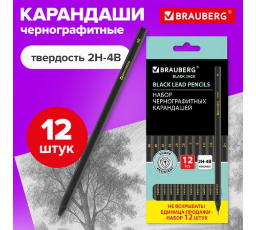 Карандаши чернографитные BRAUBERG НАБОР 12 шт., "Black Jack", 2Н-4В, без резинки, черные, дерево, заточенные, 180620 Карандаши чернографитные BRAUBERG НАБОР 12 шт., "Black Jack", 2Н-4В, без резинки, черные, дерево, заточенные, 180620